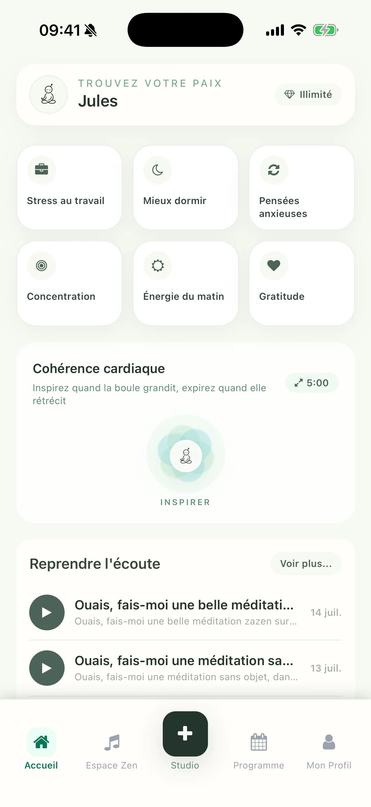 Écran d’accueil de l’application Oh-myzen